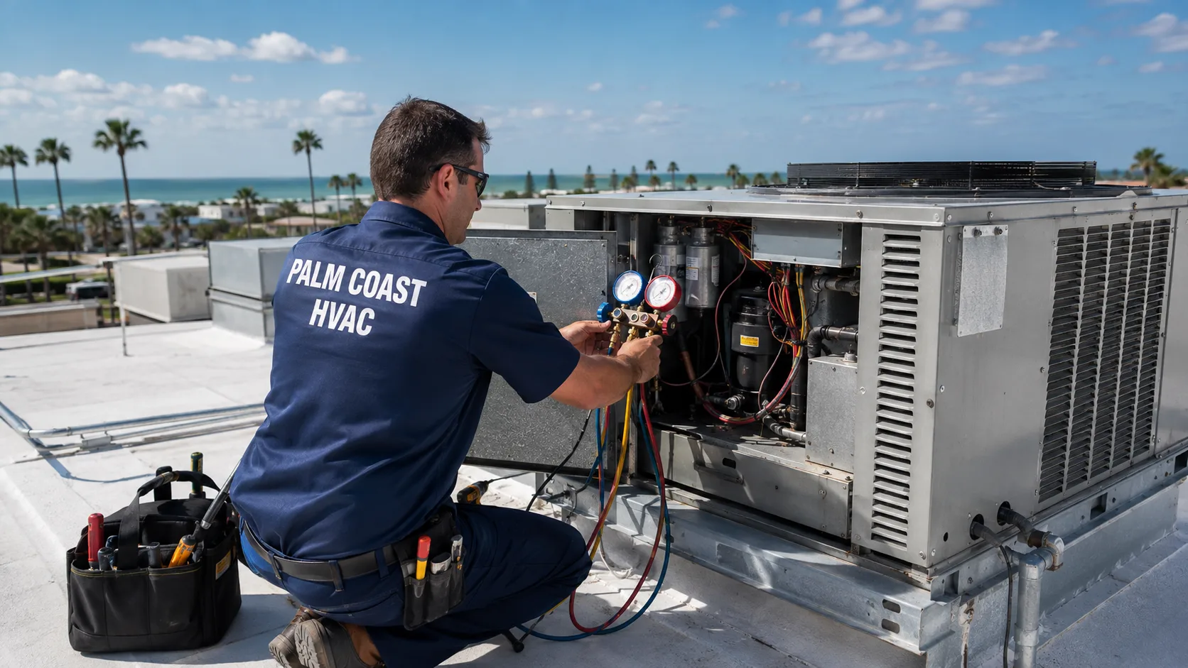 Palm Coast HVAC technician working on commercial rooftop air conditioning equipment