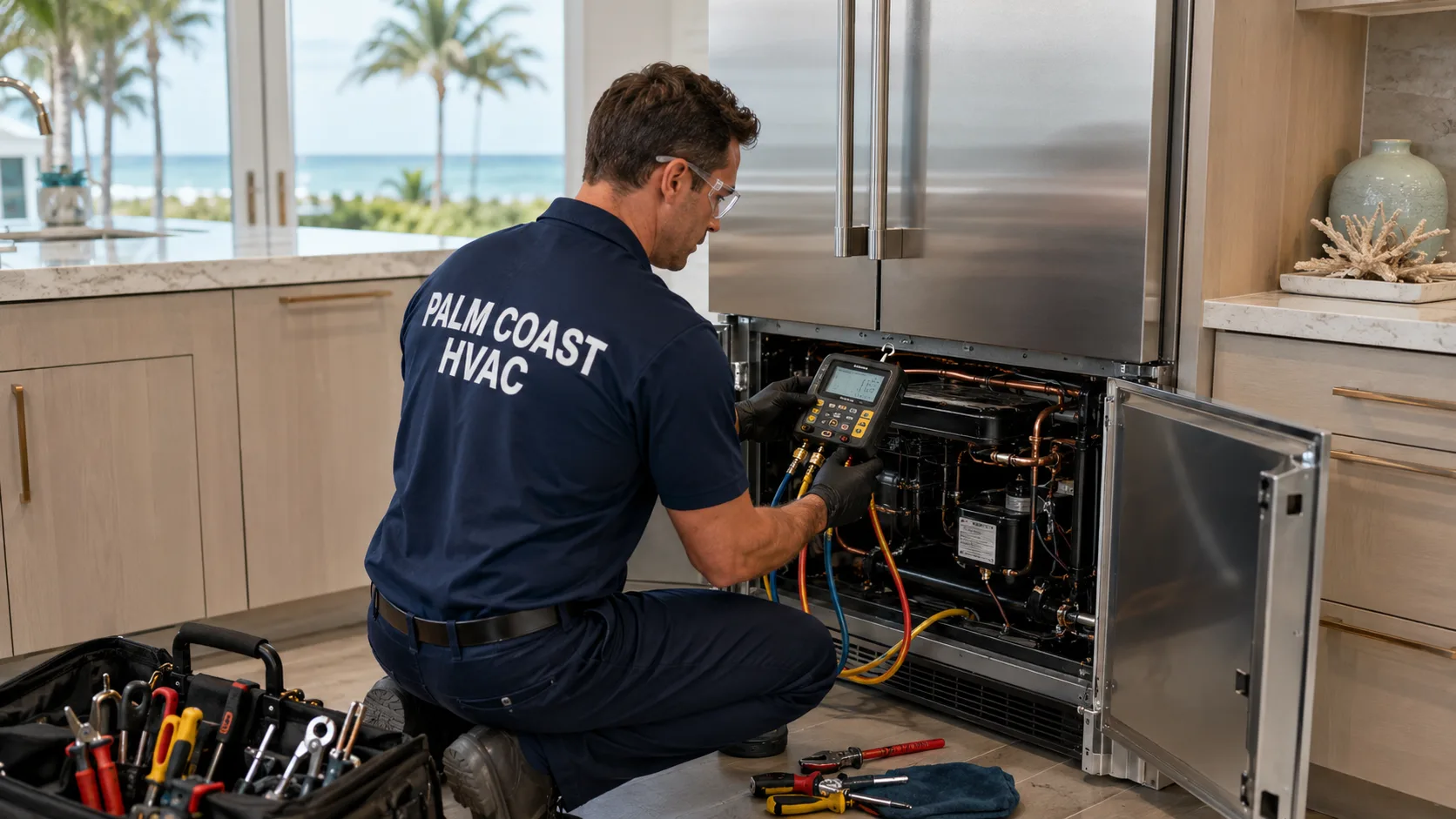 Palm Coast HVAC technician servicing a high-end built-in home refrigerator