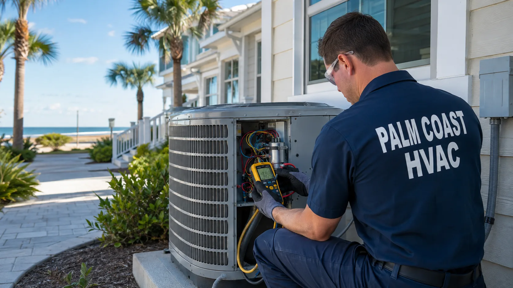 Palm Coast HVAC technician repairing a residential air conditioner at a coastal Flagler Beach home